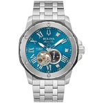 Bulova Marc Anthony Men's Automatic Marine Star Stainless Steel Watch,Open Aperture,Exhibition Case Back,Diamond Accent Blue Sunray Dial, (Model:98D184), Silver, Modern