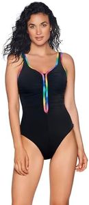 Reebok Women's Swimwear Sport Fashion Rainbows & Stripes Shirred Zipper Tank Soft Cup One Piece Swimsuit, Multi, 08