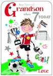 Jonny Javelin Special Grandson 7th Birthday Card - Age 7 - Boy with Football Trophy Embossed with Foil and Flitter Details