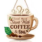 TOARTi Coffee& Tea Wooden Sign for Kitchen Decoration,Fuuny Quotes Good Mood Stars with Coffee and Tea Wood Decorative Plaque for Dining Room Wall Art Decor