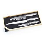 Ross Henery Professional 3 Piece Santoku Chef’s Knife Set in Wooden Gift Box with Built in Sharpener (Silver Handles)