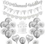 Diamond Wedding Decoration, 60 Wedding Anniversary Decorations, 60 Diamond Wedding Banner, Happy 60th Anniversary Balloons, Silver White Balloons, Heart Balloons, 60 Diamond Wedding Cake Topper