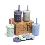 Elk and Friends Stainless Steel Cups | Mason Jar 10oz | Kids & Toddler Cups with Silicone Sleeves & Silicone Straws with Stopper | Sippy Cups, Spill Proof Cups for Kids, Smoothie Cups