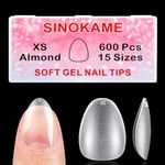 Extra Short Almond Nail Tips, SINOKAME No File Gel Nail Tips with Tip Primer Cover, for Tiny Petite Child &Average Nail Beds, Clear Gel Press on Fake Nails Short for Nail Extensions,600Pcs 15 Sizes