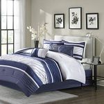 Madison Park Blaire Queen Size Bed Comforter Set Bed in A Bag - Navy, Stripe - 7 Pieces Bedding Sets - Faux Silk Bedroom Comforters