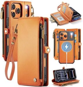 Defencase for iPhone 17 Pro Max Magnetic Wallet Case Compatible with Magsafe with RFID Blocking Zipper & Card Holder for Women Men PU Leather Strap Detachable Case for iPhone 17 Pro Max 6.9", Orange