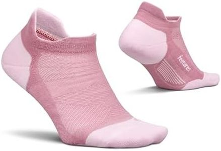 Feetures Elite Max Cushion No Show Tab Ankle Socks - Sport Sock with Targeted Compression - Pink Orchard, S (1 Pair)