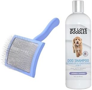 We Love Doodles Large Curved Slicker Brush and 4-in-1 Dog Shampoo (Lavender) Bundle - Goldendoodle Brush for Dematting & Shedding - Shampoo for Goldendoodles, Poodles & Doodles - Made In USA