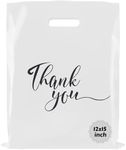 Rainbows & Lilies 100 Thank You Plastic Bags with Handles - 12"W x 15"H Thick Reusable Bulk Shopping Bags for Business, Retail Merchandise, Boutique Gifts, Clothing Store, Goodie Party Favors (White)