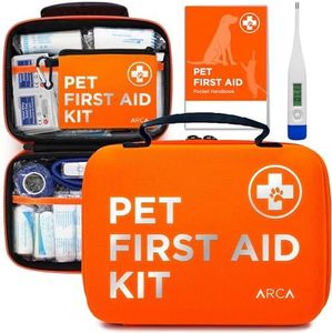 ARCA PET Cat & Dog First Aid Kit Home Office Travel Car Emergency Kit Pet Travel Kit – 100 Pieces with Emergency Collar and Pet Thermometer & Bonus Mini Pouch [Hard Case for Protection]