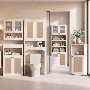OMCMUU 5-Piece Bathroom Storage Bundle, Modern Freestanding Organizer with Anti-Tip Devices and Adjustable Shelf for Bathroom, Kitchen, Living Room, White