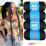 Brazilian Wool Hair 4 Roll 100% Brazilian Wool Hair for African Crochet Hair Braiding Twisting Jumbo Braids/Senegalese Twist/Faux Locs/Wraps with Crochet Hook(4 Roll, Natural Black)