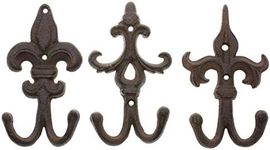 Comfify Set of 3 - Cast Iron Fleur De Lis Double Wall Hooks/Hangers - Decorative Wall Mounted Coat Hook - Rustic Cast Iron - with Screws and Anchors CA-1504-30-BR