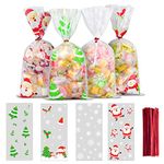 ERKOON Christmas Cellophane Treat Bags Clear Cookie Candy Bags Goodie Bags Xmas Gift Bags with 250 PCS Twist Ties for Christmas Party Supplies (4 Styles)