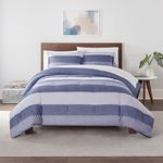 Serta Soft Stripe Bag Complete Bedding Comforter Set with Sheets and Pillow Cases for All Season, Polyester, Blue, King