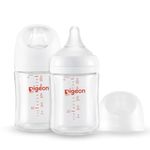 Pigeon Glass Nursing Bottle Wide Neck, Streamlined Body, Natural Feel, Easy to Clean, Heat-Resistant, 5.4 Oz(Pack of 2), Includes 2pcs SS Nipples (0m+)