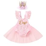 Baby Girl 1st First Birthday Cake Smash Outfit Floral Lace One Romper Flutter Sleeve Backless Bodysuit Princess Tutu Tulle Dress with Crown Headband Set One Year Old Photo Shooting Props Pink 9-12M