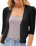 GRACE KARIN Wome Summer Short Cardigans Boleros V Neck 3/4 Puff Sleeves Chic Shrug Sweater Daily Wear Black S