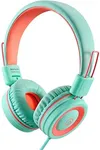 Kids Headphones-noot products K11 Foldable Stereo Tangle-Free 5ft Long cord 3.5mm Jack Plug in Wired On-Ear Headset for iPad/Amazon Kindle,Fire/Boys/Girls/School/Travel/Plane/Tablet/Laptop(Mint/Coral)