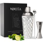 Silver Cocktail Shaker Set - Glass Cocktail Shaker Set - Matching Measuring Jigger and Bar Spoon with Muddler - Silver Drink Shaker with Strainer - 5 pcs - Luxury Gift Box (Silver)