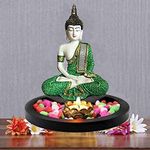 SN Handicrafts Sitting Buddha Idol Resin Statue Showpiece for Balcony Garden-with Stone Tealight Candle Holder& Wooden Tray for Home Decor,1 Piece (Green)