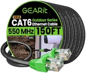 GearIT RJ45 Cat-6 Ethernet Patch Cable, 10Gpbs Transfer Speed, Gold-Plated Connectors, Copper Clad, Outdoor, UV Resistant, Direct Burial, Waterproof, Durable, 150 Foot (45.7 Meters), Black