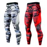 OEBLD Compression Pants Men UV Blocking Running Tights 1 or 2 Pack Gym Yoga Leggings for Athletic Workout, Grey Camo+red Camo, Small