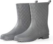 Petrass Women Rain Boots Black Waterproof Mid Calf Lightweight Cute Booties Fashion Out Work Comfortable Garden Shoes Gray Size: 8.5