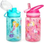 Home Tune Kids Water Drinking Bottle (470ml)- Tritan BPA Free, Auto Flip Chug Lid, Sip Straw Lid, Lightweight, Leak-Proof Water Bottle Cute Design For Girls & Boys - 2 Pack Mermaid & Unicorn