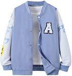 WDIRARA Boy's Color Block Letter Graphic Print Button Front Varsity Bomber Jacket Blue and Black 13-14Y