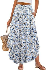 ANRABESS Women's Maxi Skirts Summer Boho Floral High Waisted Flowy Swing Pleated Beach Long Skirt with Pockets Light Blue Large