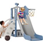 KORIMEFA 4-in-1 Kids Slide Toddler Climber Slide Set with Basketball Hoop, Storage Box and Telescope, Indoor Outdoor Freestanding Slider Garden Slide Playground for Toddlers