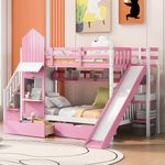 SOFTSEA Twin Over Twin Bunk Bed with Storage Drawers Kids Bedroom Bed Bunk Frame Wood Twin for Boys Girls with Slide, Wood Slats and No Box Spring Needed, Pink