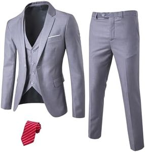 YND Men's Slim Fit 3 Piece Suit Set, One Button Solid Blazer Vest Pants with Tie, Grey, Medium