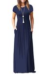 GRECERELLE Womens Summer Maxi Dress Short Sleeve Crewneck High Waist Casual Loose Long Dresses with Pockets Navy Blue-XL