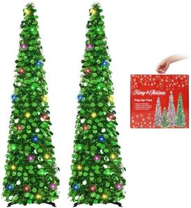 MACTING 2PCS Pop up Christmas Tree with Lights 5FT Easy-Assembly Tinsel Coastal Glittery Artificial Collapsible Tree for Indoor Outdoor Apartment Corner Party Xmas Valentines Decorations(Green)