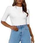 OUGES Spring Tops for Women 2024 White T Shirts Summer Short Sleeve Mock Turtleneck Casual Slim Fit Tops(White,L)