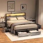 HAUSOURCE Full Bed Frame with 4 Drawers Storage Headboard and LED Lights Charging Station Metal Platform Bed Frame Full Size Heavy-Duty Metal Slats Support No Box Spring Needed,Grey