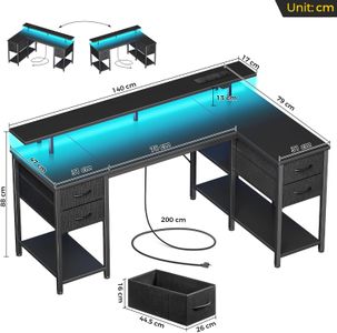Seventable 140cm L-Shaped Gaming Desk – LED Lights, USB, Storage, Black