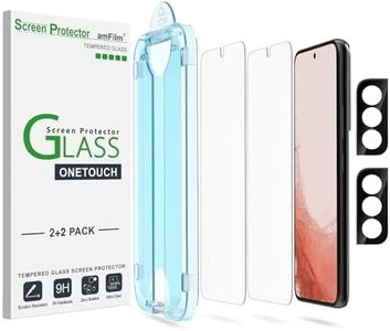 amFilm 2 Pack OneTouch Tempered Glass Screen Protector for Samsung Galaxy S22 Plus / S22 + 5G [6.6 Inch] with 2 Pack Camera Lens Protector [9H Hardness] Easy Installation and Bubble Free.