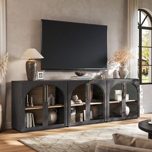 MorganBrig Buffet Cabinet with Storage, 94.5'' Wide Arched Sideboard Cabinet with Glass Doors & Adjustable Shelves, Modern Display Credenza for Kitchen, Coffee Bar, Living Room, Entryway, Dark Walnut