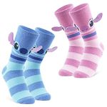 Disney Stitch Womens Slipper Socks, Fleece Bed Socks Anti Slip Pack of 2 - Stitch Gifts (Pink/Blue Stripes)