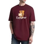 ALL ABOUT MOUNTAINS | Bear Explorer Graphic | Unisex Cotton Stretch Relaxed Fit Drop Shoulder Premium Front Printed Black Oversized T-Shirt (in, Alpha, M, Regular, Wine)