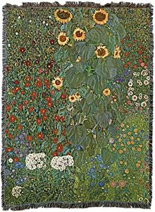 Pure Country Weavers |Farm Garden with Sunflowers Woven Tapestry Throw Blanket by Gustav Klimt with Fringe Cotton USA Cotton USA 72x54
