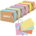 Vicloon Index Cards, 600 Pcs 7.4 x 5.2cm Flash Cards,Colourful Revision Cards with 6 Binder Rings Ruled Index Cards Lined Note Cards Record Cards for Office School Home Study Record