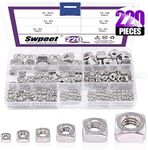 Swpeet 220Pcs 304 Stainless Steel 6 Sizes Metric Square Nuts Assortment Kit, Machine Screw Nuts Metric Coarse Thread - M3 M4 M5 M6 M8 M10