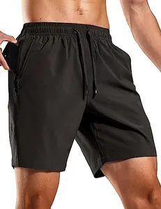 MIER Men's Quick Dry Running Shorts with Zipper Pockets 7" Athletic Workout Gym Exercise Fitness Shorts Without Liner/Brief, Black/Grey, L