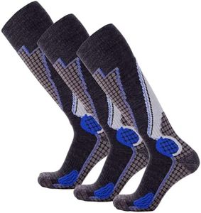 Pure Athlete High Performance Wool Ski Socks - Thermal Warm Merino Wool OTC Sock, Men Women (3 Pairs - Black/Grey/Blue, Medium)