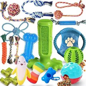 Puppy Toys for Small Dogs, Puppy Toys Set, Pet Teething Balls Bundle Toys for Boredom, Dog Toothbrush Chew Toys Rope, Treat Balls, Medium Squeaky Teeth Cleaning, Dog Interactive Enrichment Training