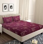 Decoreza Cotton Feel All Around Elastic Premium Fitted Bedsheets, Elastic Fitted Bedsheets Queen Size, Bedsheet for Double Bed Elastic Fitted with 2 Pillow Covers, Size - 60 x 78 x 8 Inch, Maroon Tree